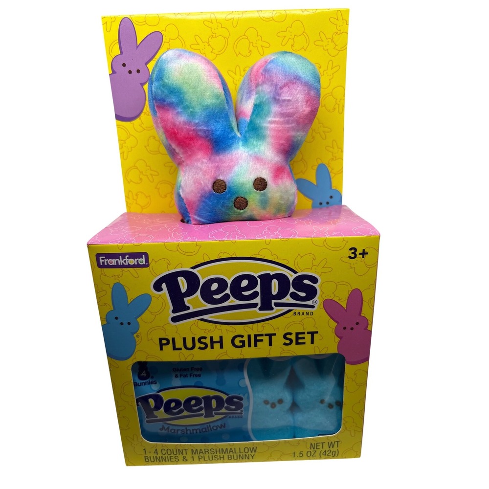 Peeps Plush Gift Set Tie Dye Bunny & 4 Count Blue Marshmallow‎ Bunnies Frankford